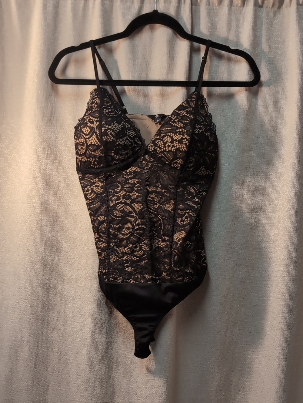 Guess | Black Floral Lace Nude Illusion V-Neck Bodysuit
